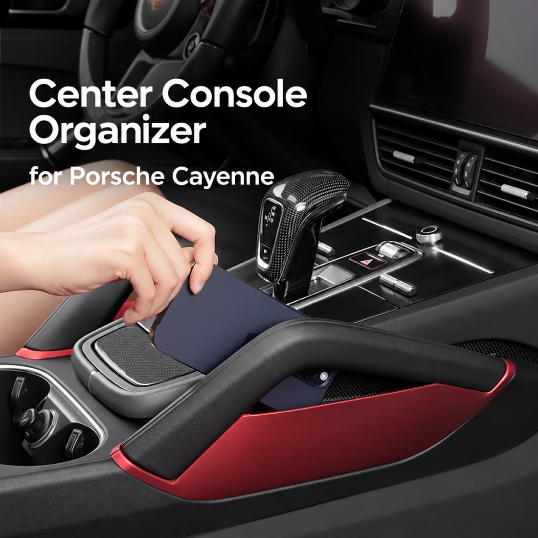 Center console side storage boxes for Porsche Cayenne with phone storage beneath the grab handle