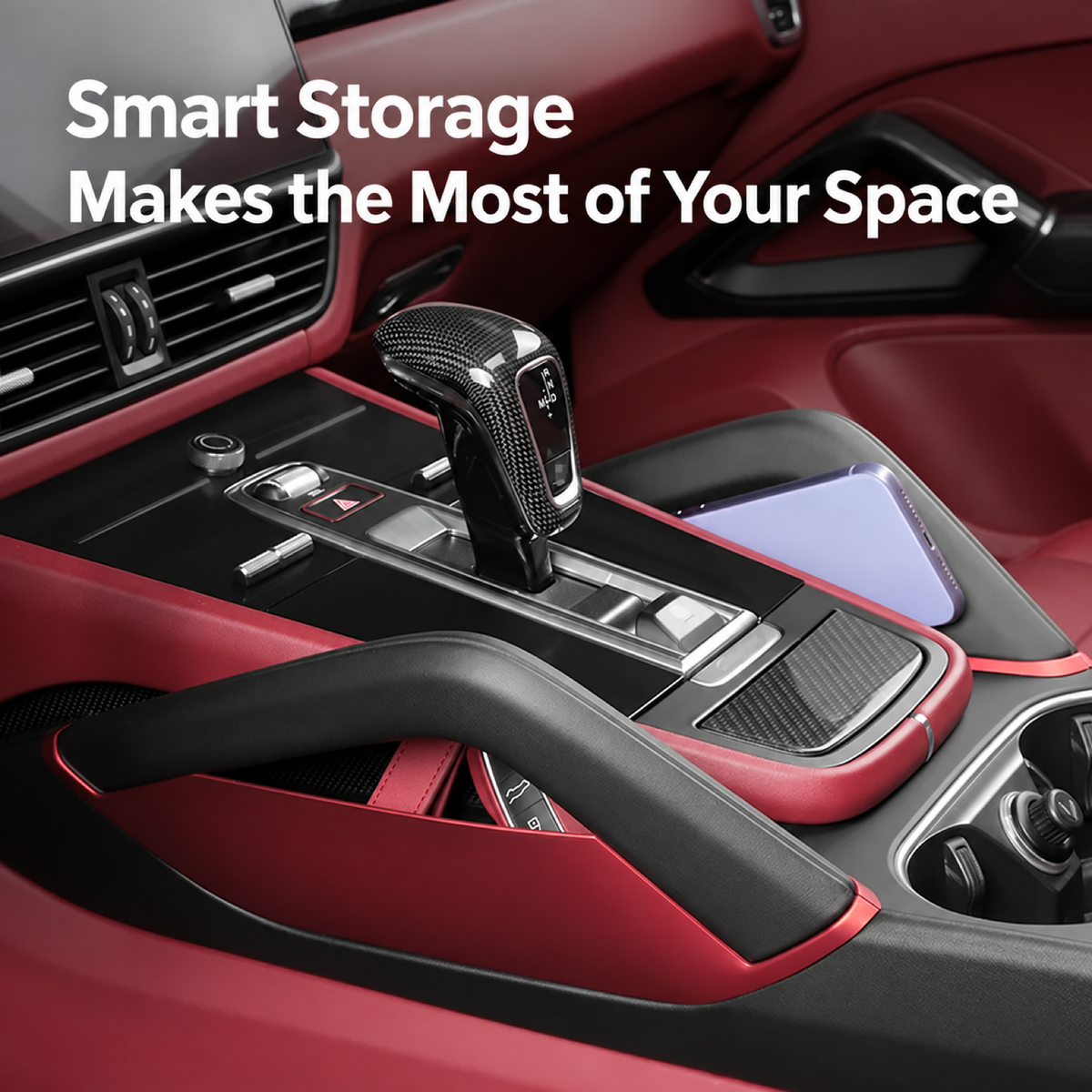 Red console side storage box making use of the space beneath a Cayenne grab handle