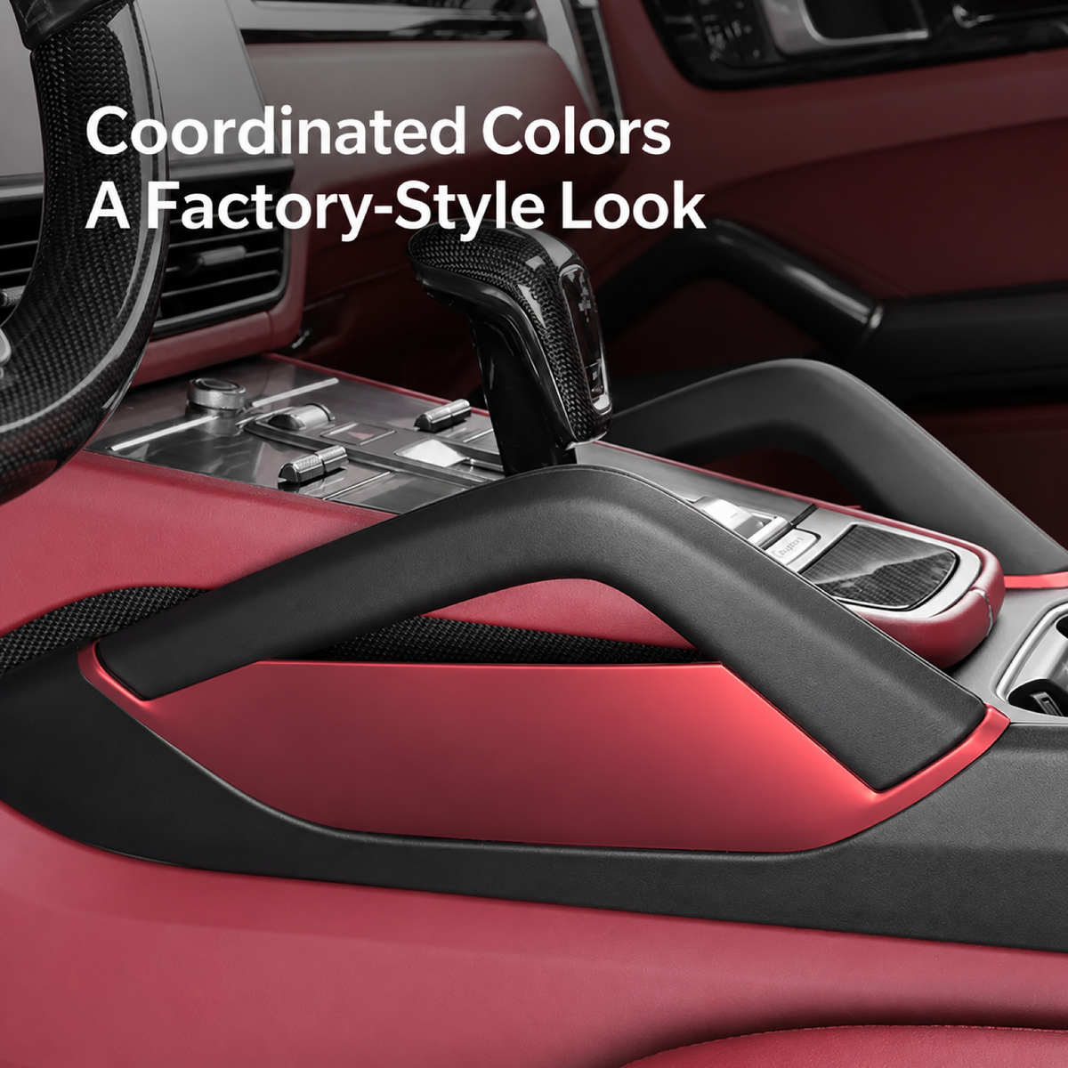 Red console side storage box coordinated with the Porsche Cayenne interior